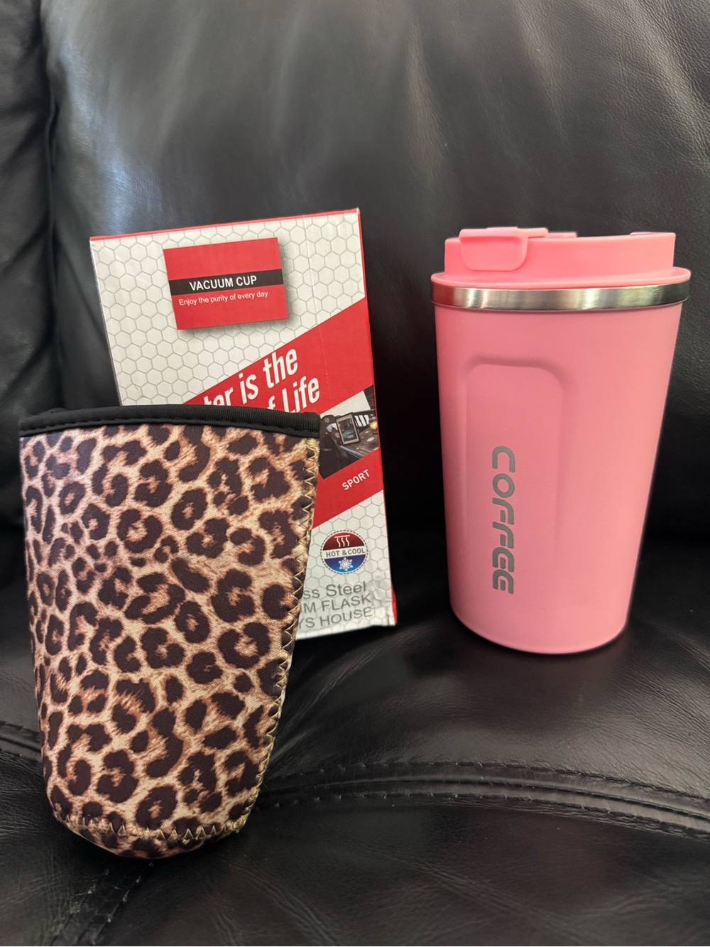 Pink Travel Coffee Mug - 'COFFEE' Logo and Iced Coffee Coozie